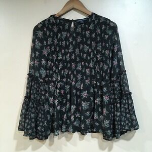 American Eagle Dark Floral Bell Sleeve Blouse Womens S‎ Black Sheer Whimsigoth